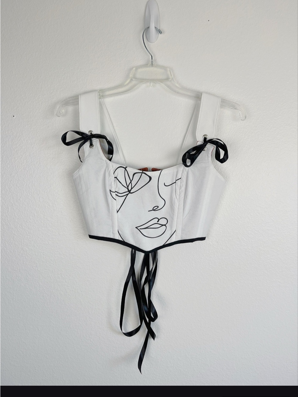 Handmade White Abstract Face Line Art Corset Top OOAK